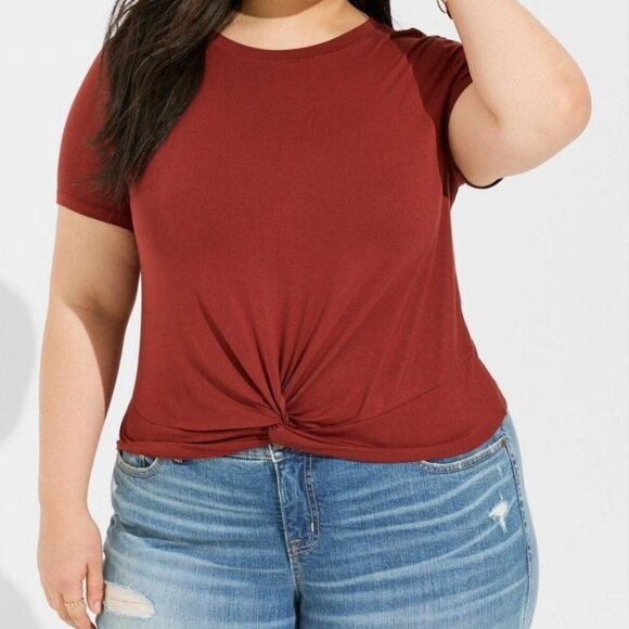 TORRID SZ 1 (14/16 -1X) Super Soft Slub Crew Neck Twist Crop Tee Red - Picture 1 of 10